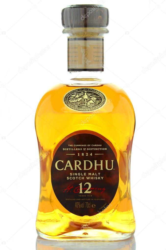 CIRCA APRIL 2015 - KWIDZYN: Cardhu whisky isolated on white background. Cardhu is single malt scotch whisky produced in Speyside distillery near Archiestown, Moray, Scotland, founded in 1824.