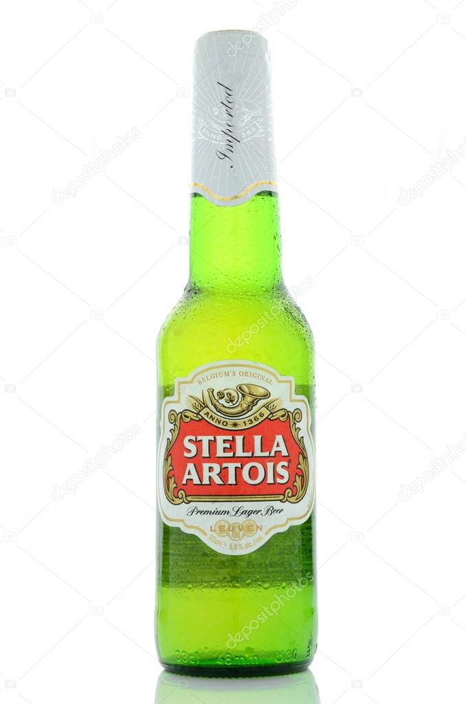CIRCA MAY 2015 - KWIDZYN: Stella Artois pilsner beer isolated on white background. Stella Artois has been brewed since 1926 in Belgium.