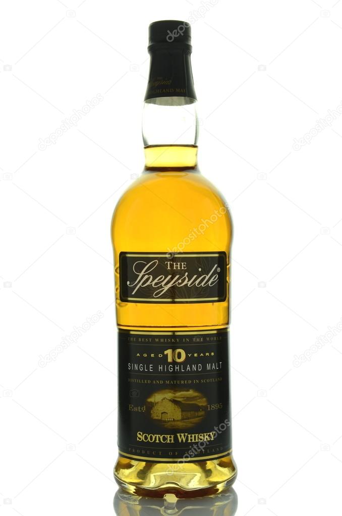CIRCA APRIL 2015 - KWIDZYN: The Speyside whisky isolated on white. The Speyside is single highland malt scotch whisky produced in distillery near hamlet of Drumguish which was founded in 1962.