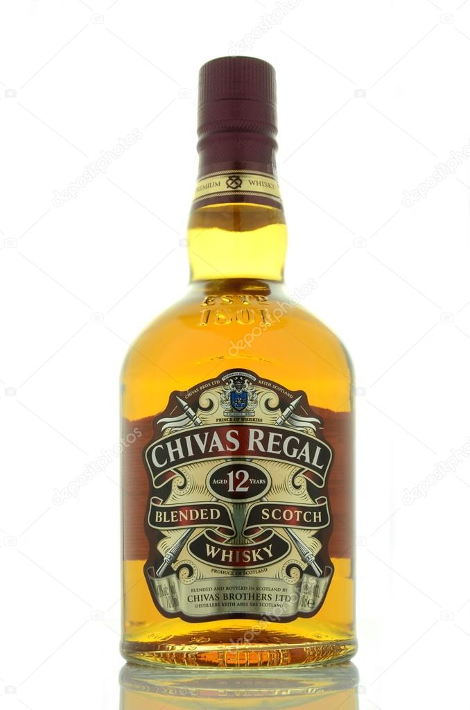 Chivas Regal whisky isolated on white background. Chivas Regal is blended scotch whisky produced by Chivas Brothers, owned by Pernod Ricard.