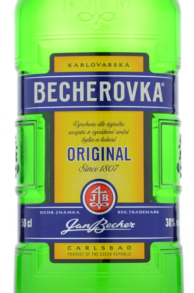 Butelka Becherovka na białym tle. — Zdjęcie stockowe