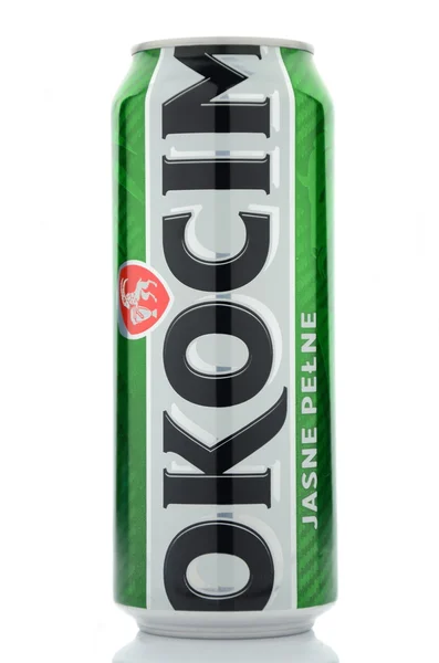 Okocim full light beer isolated on white background — Stock Photo, Image