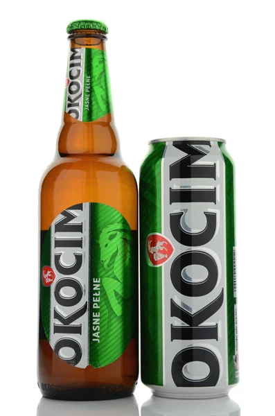 Okocim full light beer isolated on white background — Stock Photo, Image