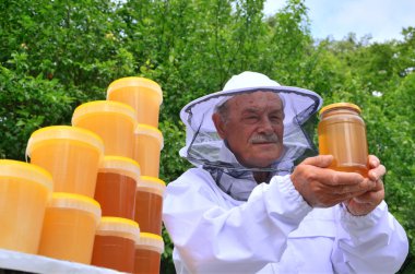 Üst düzey apiarist kavanoz taze bal arı kovanı ilkbaharda sunulması