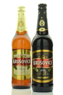 Beyaz arka plan üzerinde izole Krusovice premium bira.