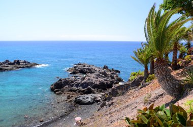 Pitoresk plaja ve volkanik kayalarda Alcala Tenerife, İspanya