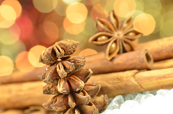 Saison de Noël, bâtons de cannelle, étoiles d'anis sur fond bokeh — Photo