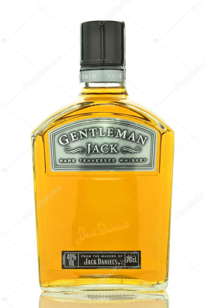 CIRCA NOVEMBER 2015 - GDANSK: Gentleman Jack Rare Tennessee whiskey isolated on white background. Gentleman Jack is premium version of Jack Daniels Tennessee whiskey. It was introduced to the American market in 1988