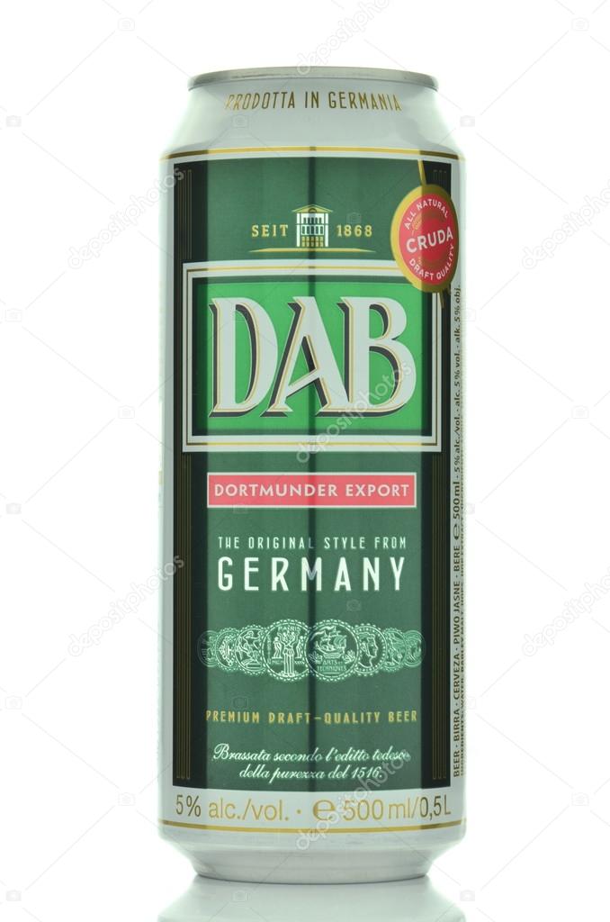 CIRCA OCTOBER 2015 - GDANSK: DAB beer isolated on white background. Dortmunder Actien Brauerei is a German brewery in Dortmund, founded in 1868.