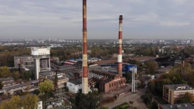 Arial view on Front of brick main building of historical coal mine: Kopalnia Wujek with with the name on wall. Katowice / Poland - 09.2020. 4K, UHD, Cinematic, Aerial footage