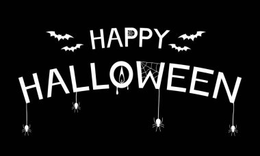 Cadılar Bayramı tebrik kartı. Mum, ağ, örümcek ve yarasalı Cadılar Bayramı yazı tipi..