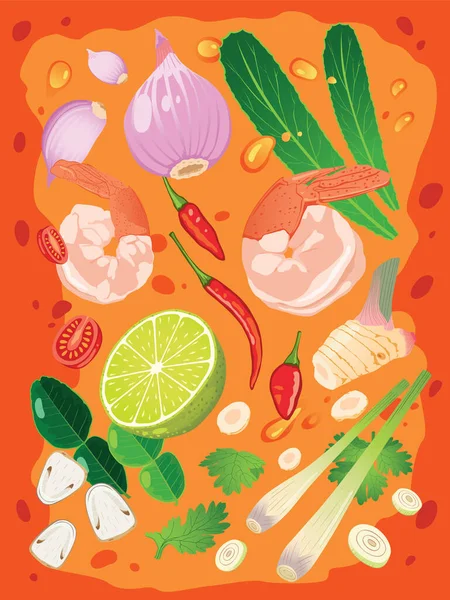 Ingrediente Tomyum Sopa Sobre Fondo Anaranjado Especias Hierbas Con Camarones — Vector de stock