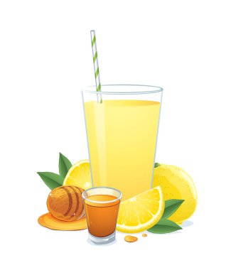 Beyaz arka planda izole edilmiş ballı bir bardak limon suyu..