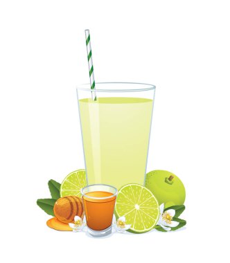 Beyaz arka planda izole edilmiş ballı limon suyu ve limon suyu.