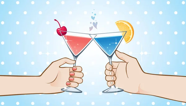 Mains Tenant Des Verres Martini Pour Accrocher Sur Fond Bleu — Image vectorielle