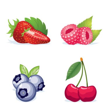 Beyaz arka planda izole edilmiş dut seti. Yaban mersini, ahududu, çilek, kiraz.