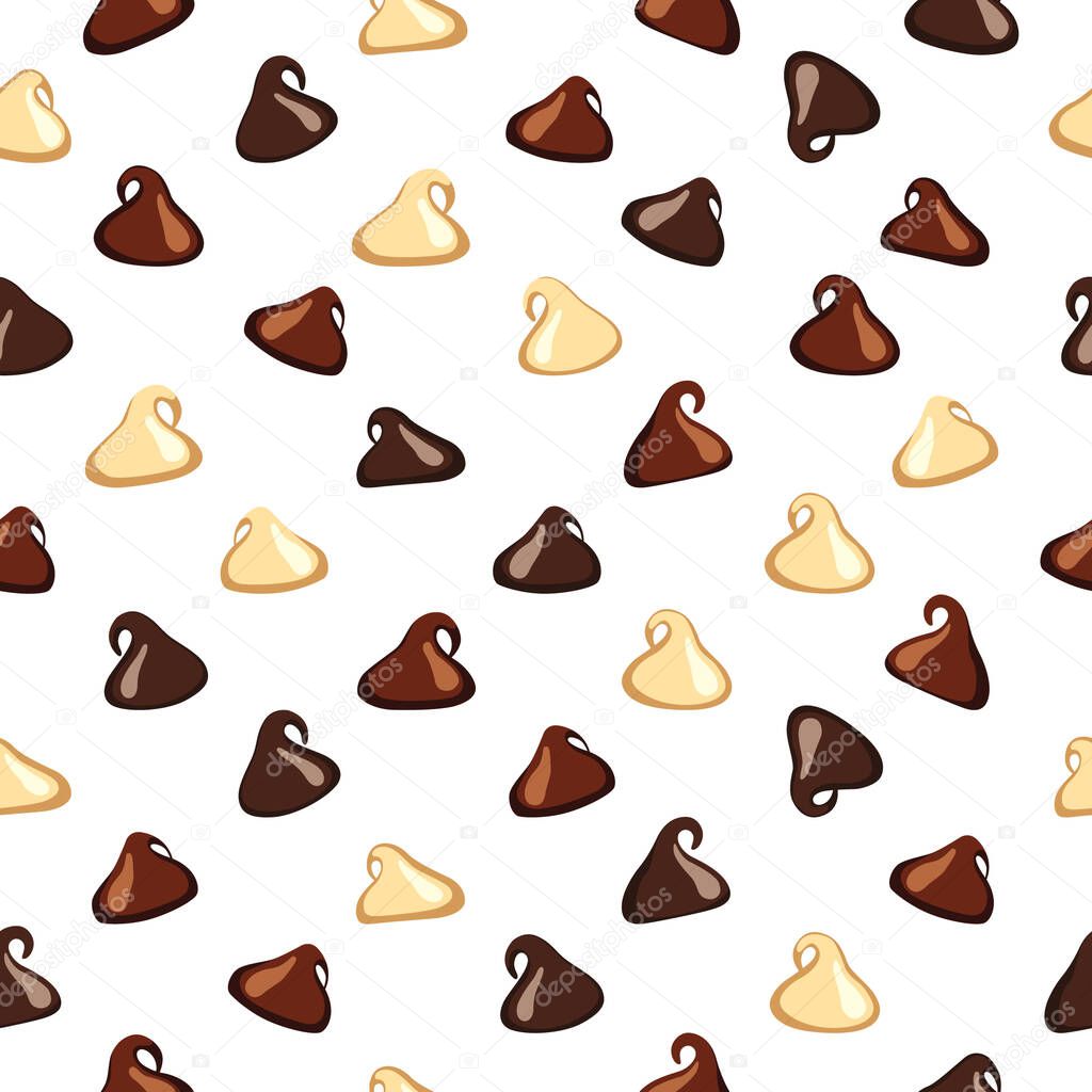 Dark chocolate chip,mlik chocolate chip and white chocolate chip isolated on white background.Chocolate chip background.