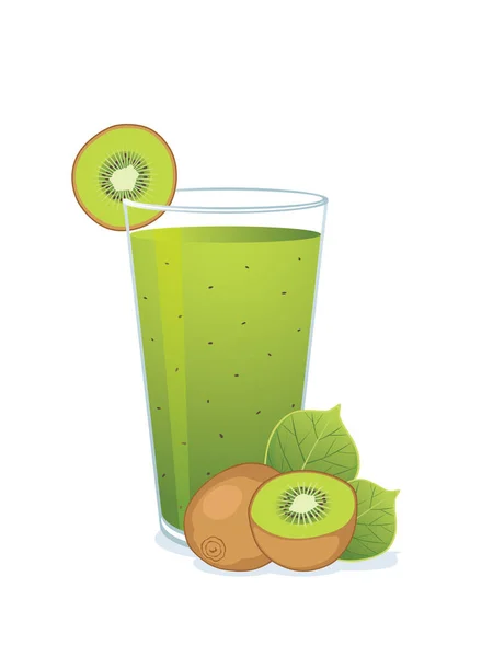 Glas Kiwi Juice Kiwi Och Blad Isolerade Vit Bakgrund — Stock vektor