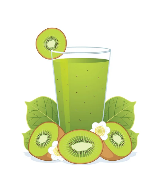 Glas Kiwi Juice Kiwi Och Blomma Isolerad Vit Bakgrund — Stock vektor