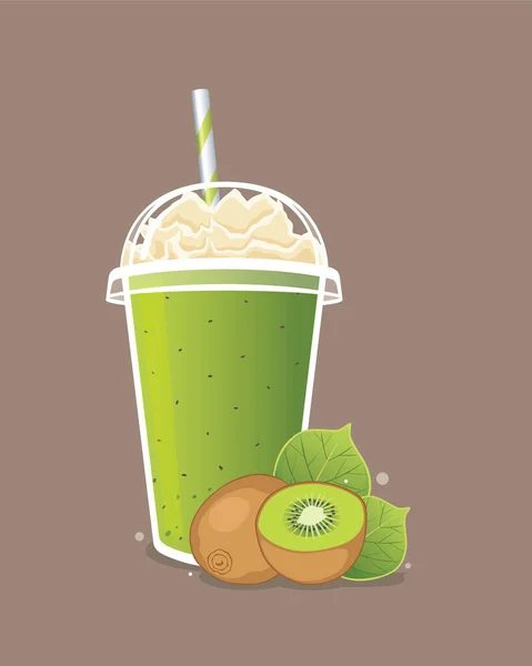 Kiwi Jogurt Smoothie Bitą Śmietaną Take Way Cup Kiwi Brązowym — Wektor stockowy