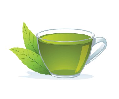 Beyaz arka planda yaprak ile yeşil çay. Cam bardakta yeşil çay..