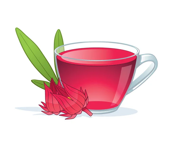 Coupe Jus Roselle Avec Fleur Feuille Isolée Sur Fond Blanc — Image vectorielle