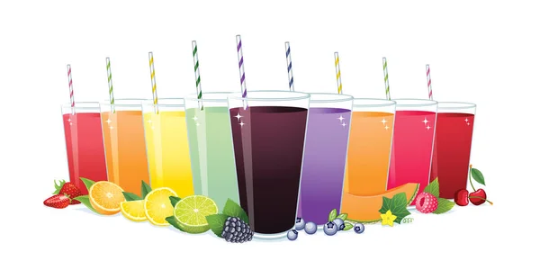 Ensemble Jus Fruits Colorés Sur Fond Blanc Verre Jus Fruits — Image vectorielle