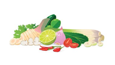 Tomyum Çorbası 'nın içeriği beyaz arka planda izole edildi. Tayland yemeği..