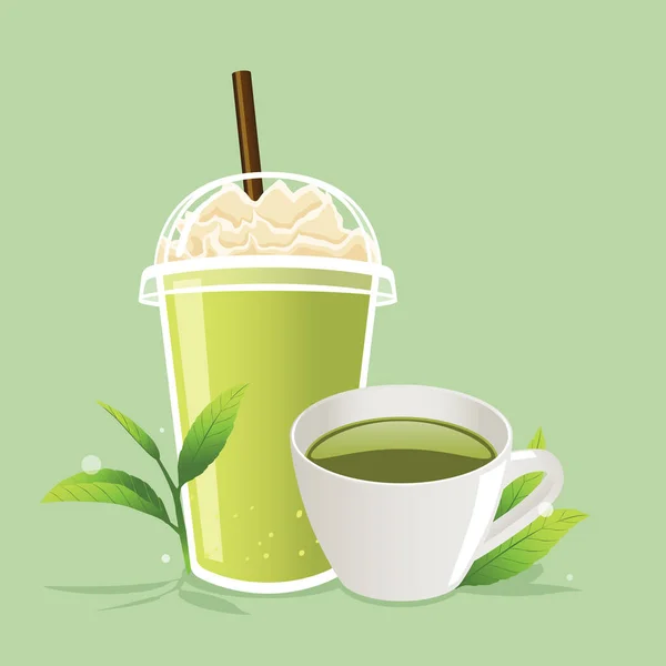 Чашка Гарячої Зелені Greentea Frappe Дорозі Чашку Листям Ізольовані Зеленому — стоковий вектор