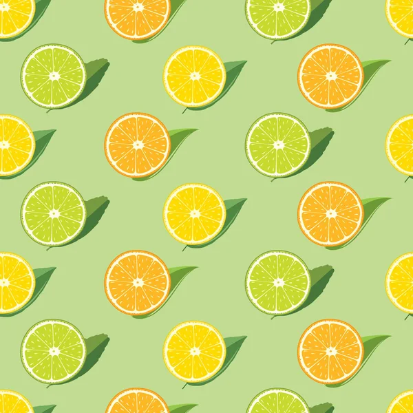 Citrony Pomeranče Limetky Listy Zeleném Pozadí Vzor — Stockový vektor