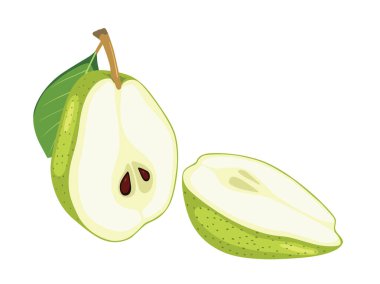 Beyaz zemin üzerinde yaprak olan armut dilimleri.