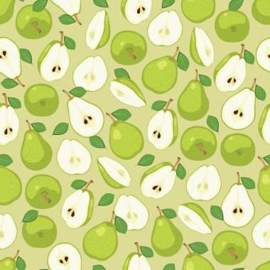 Beyaz arkaplanda yaprak izole edilmiş armut ve dilimler.