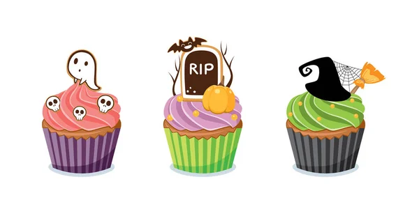 Set Cupcake Halloween Isolati Sfondo Bianco — Vettoriale Stock