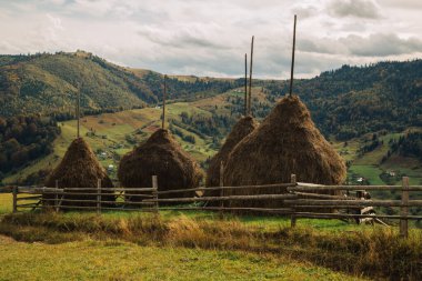Ahşap çitleri ve samanlığı olan sonbahar manzarası 
