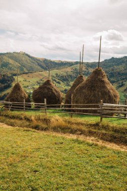 Ahşap çitleri ve samanlığı olan sonbahar manzarası 