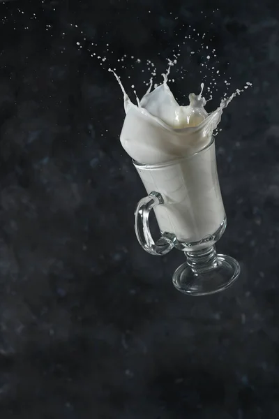 Splash de leite do copo em um fundo cinza. levitação — Fotografia de Stock