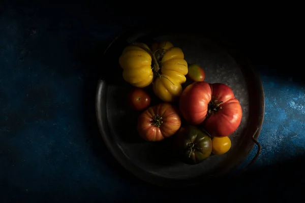 Conjunto de tomates maduros na bandeja, fundo de madeira azul — Fotografia de Stock