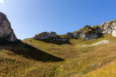 Sonbahar dağları, doğanın bağrında güneşli bir günde doğa severler ve turistler için bir yerdir..
