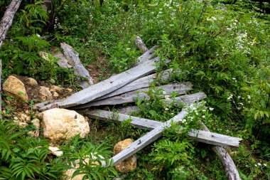 Eski bir çitin elementleri boş bir çiftlikte, bir yaz günü, otlarla kaplanmış..