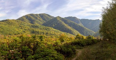 Dağ eteklerinden oluşan bir göl, uzak sıradağların panoramik manzarası, orman ve açıklıklarla çevrili bir dağ gölü..