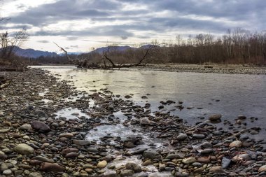 Sonbahar, sığ dağ nehri, düz sularda sakin akış..