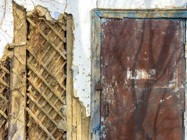 Fragments Parts Walls Old Building Elements Plaster Metal Wood Paint — Stock Photo, Image