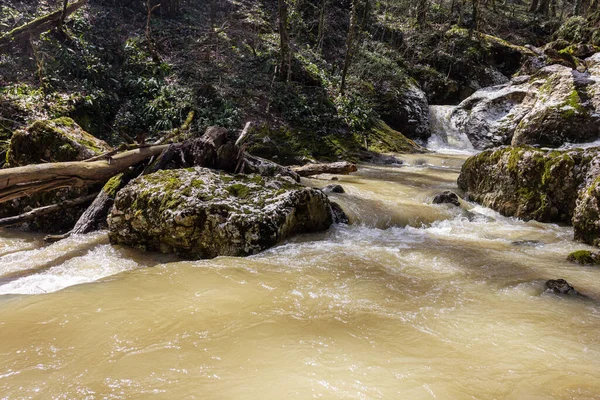 Spring Mountain Streams Overflowing Meltwater Turn Impassable Sections Water Barriers — Stock Photo, Image