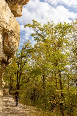 Sonbahar doğası dağ kanyonunda yürür..