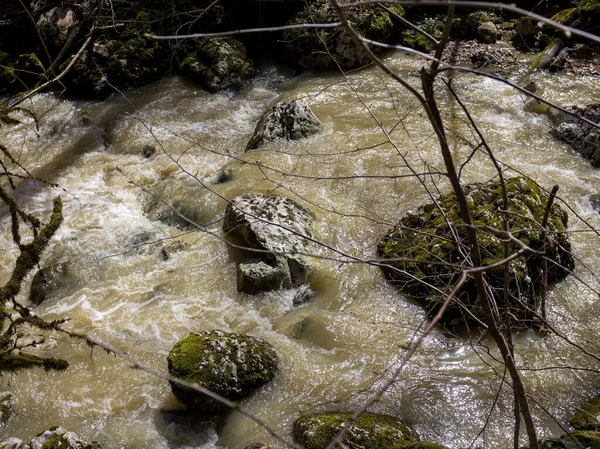 Quelle Gebirgsbäche Die Mit Schmelzwasser Überlaufen Verwandeln Sich Unpassierbare Abschnitte — Stockfoto