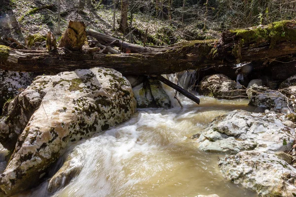 Spring Mountain Streams Overflowing Meltwater Turn Impassable Sections Water Barriers — Stock Photo, Image
