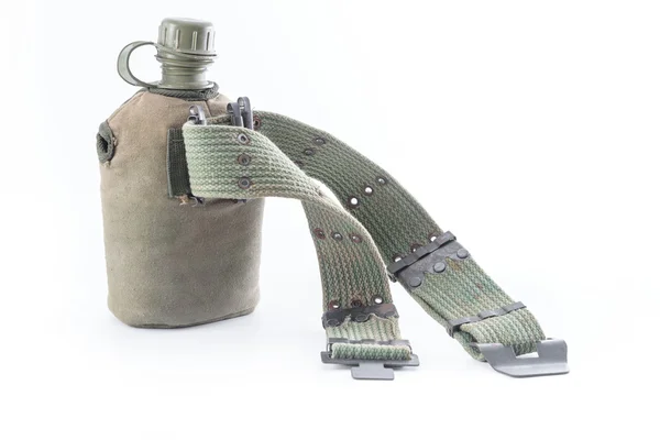 Military canteen and army belt on white background — Stock Photo, Image