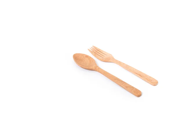 Cucchiaio e forchetta in legno, su sfondo bianco — Foto Stock
