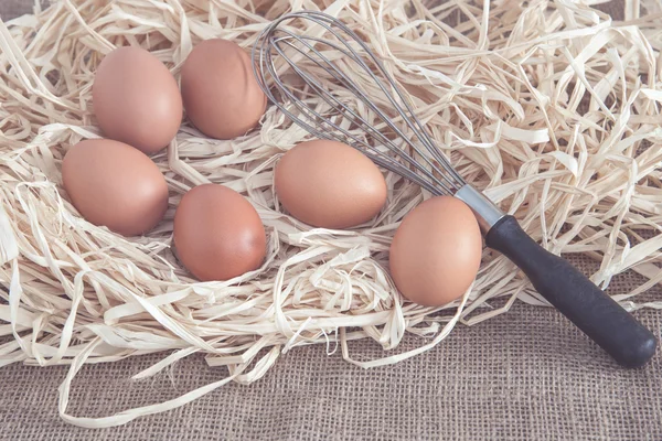 Ägg och eggbeater på torrt gräs — Stockfoto