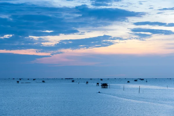 Sunrise time ,Boat and  Thai fisherman village in Bangtaboon Pet — Stock Photo, Image